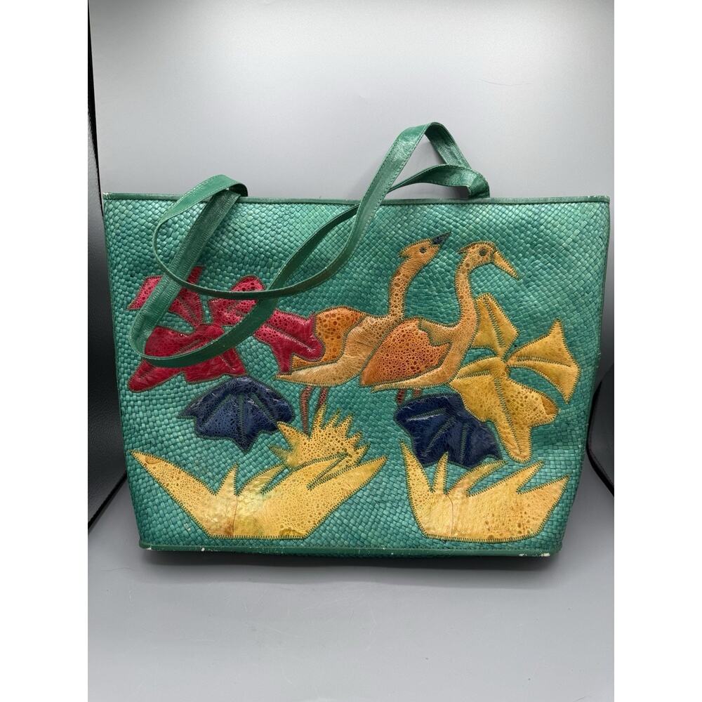 Vintage MARLO Pink Flamingo Faux-Bamboo Wood Handle Tropical Straw Purse
